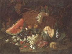 unknow artist Still life of a watermelon,red and white grapes,figs,cherries,mushrooms,a melon,and a basket with vine-leaves,upon a ledge oil painting image